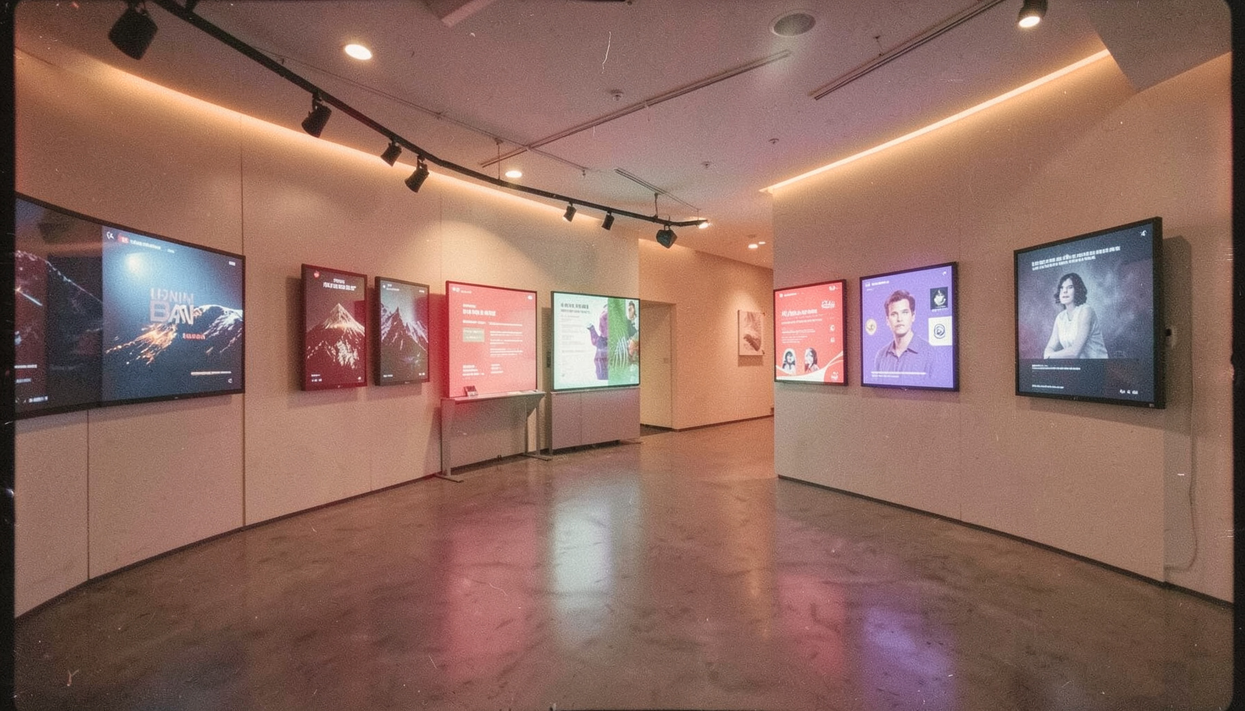 An immersive brand activation space with interactive digital displays, warm ambient lighting and clean modern design