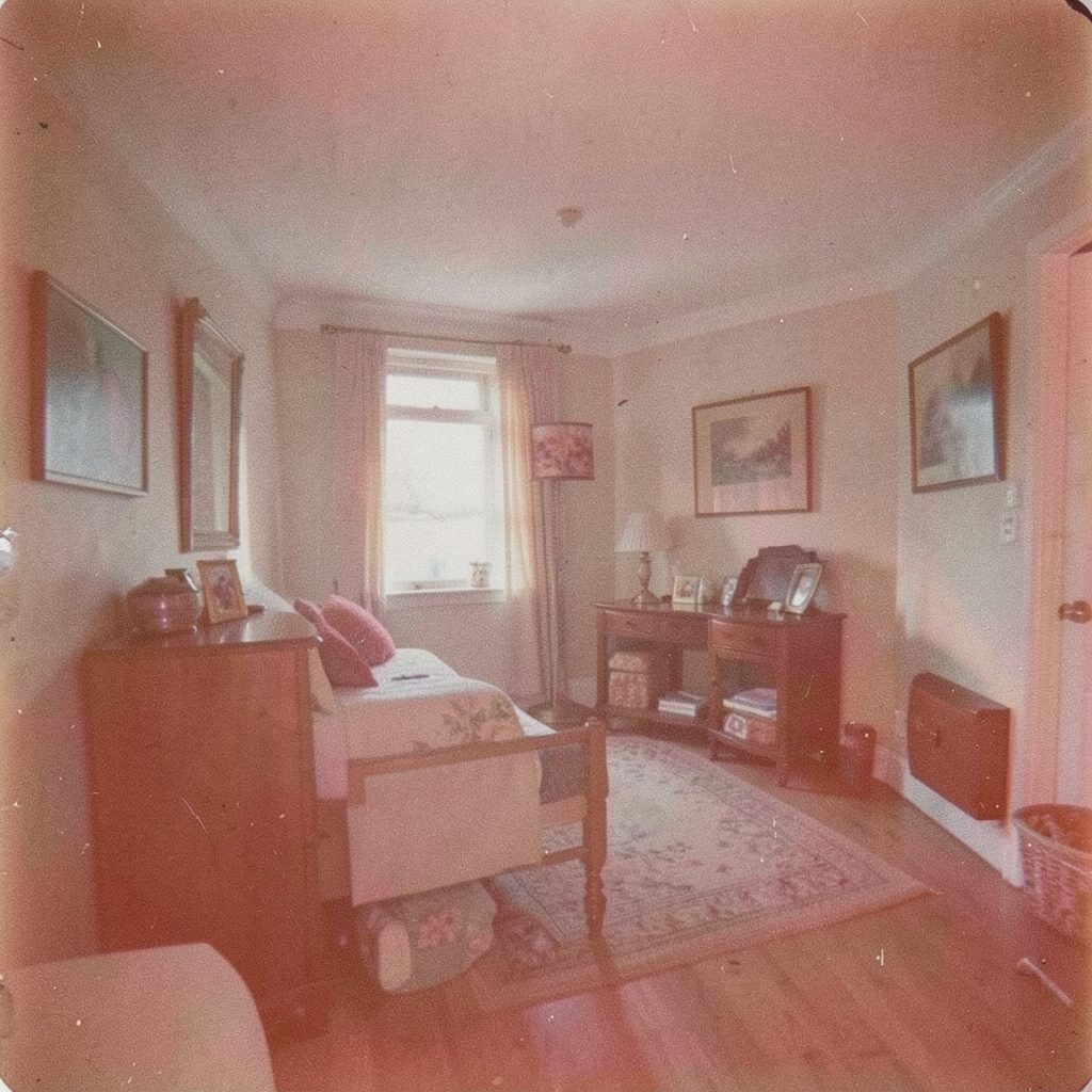 A textured film photograph of a workspace with storyboards pinned to a wall, bathed in muted natural light and soft seafoam shadows