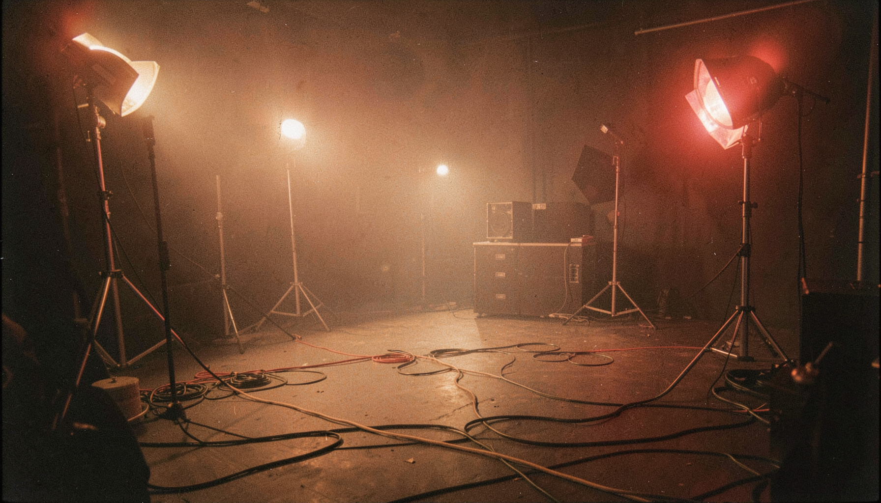 A dimly lit film set with warm tungsten lamps on stands, cables running across the floor, and a soft haze in the air; analog film photograph with visible grain, deep amber and charcoal tones